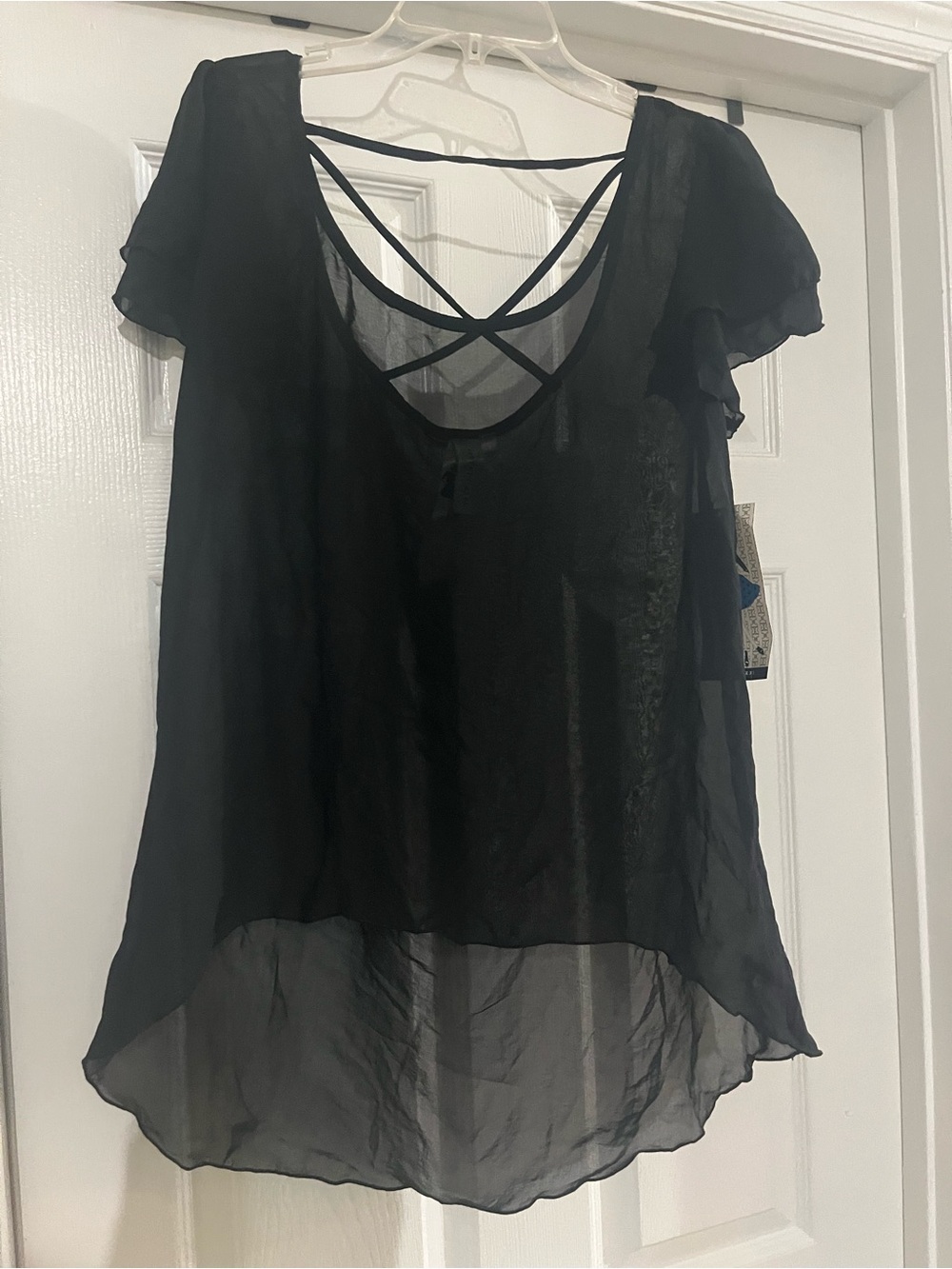 Society Girl Sheer Cross-Back Blouse – Black sz M